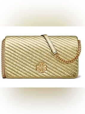 NWT Tory Burch Kira Metallic Gold  Quilted Leather Chain Wallet